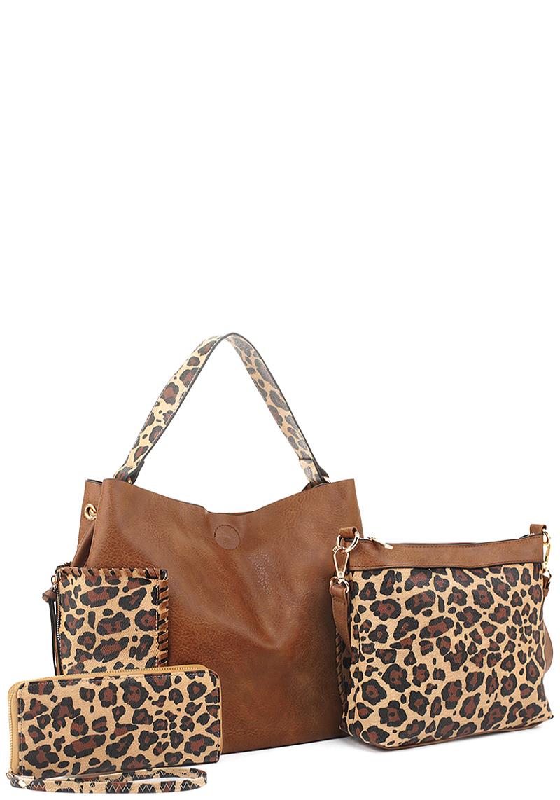 3IN1 MODERN PLAIN LEOPARD DESIGN HOBO BAG WITH MINI BAG AND WALLET SET