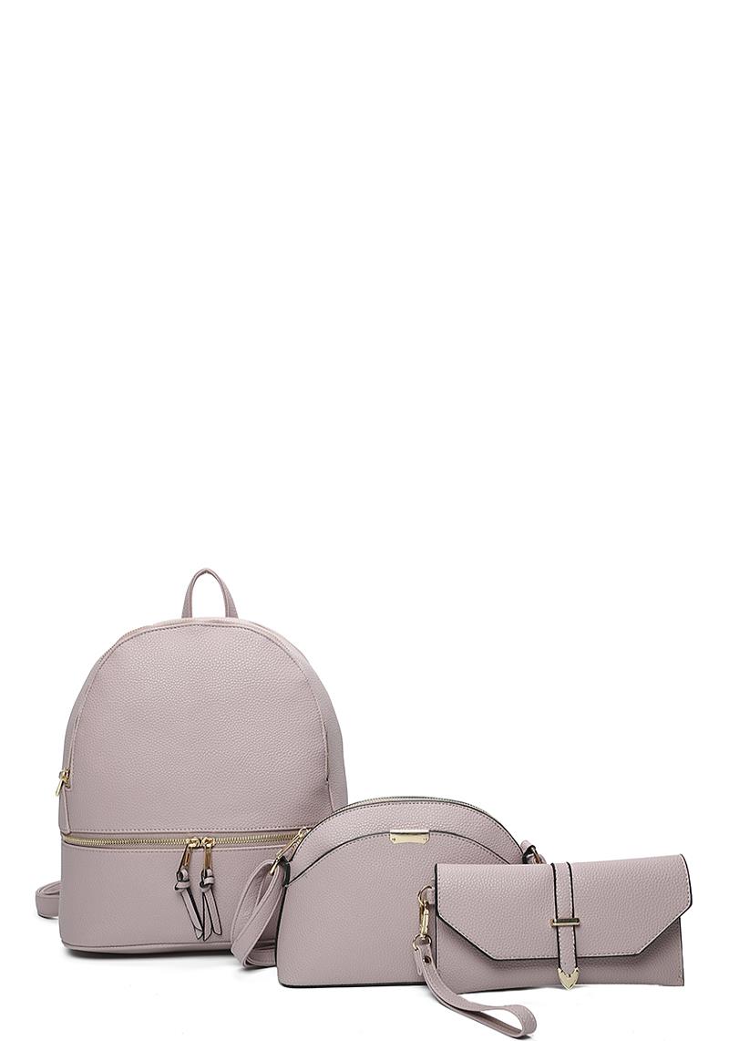 3IN1 FASHION SMOOTH ROUND ZIPPER BACKPACK WITH CROSSBODY BAG AND CLUTCH SET