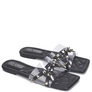 CLEAR SPIKE STUD STRAP QUILT MINI HEEL SLIPPER