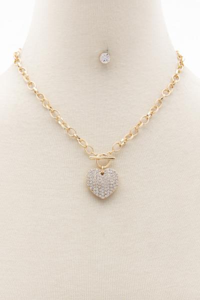 RHINESTONE HEART PENDANT CIRCLE LINK NECKLACE