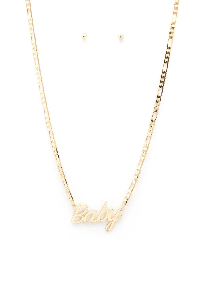 LINK CHAIN BABY INITIAL MESSAGE METAL NECKLACE EARRING SET