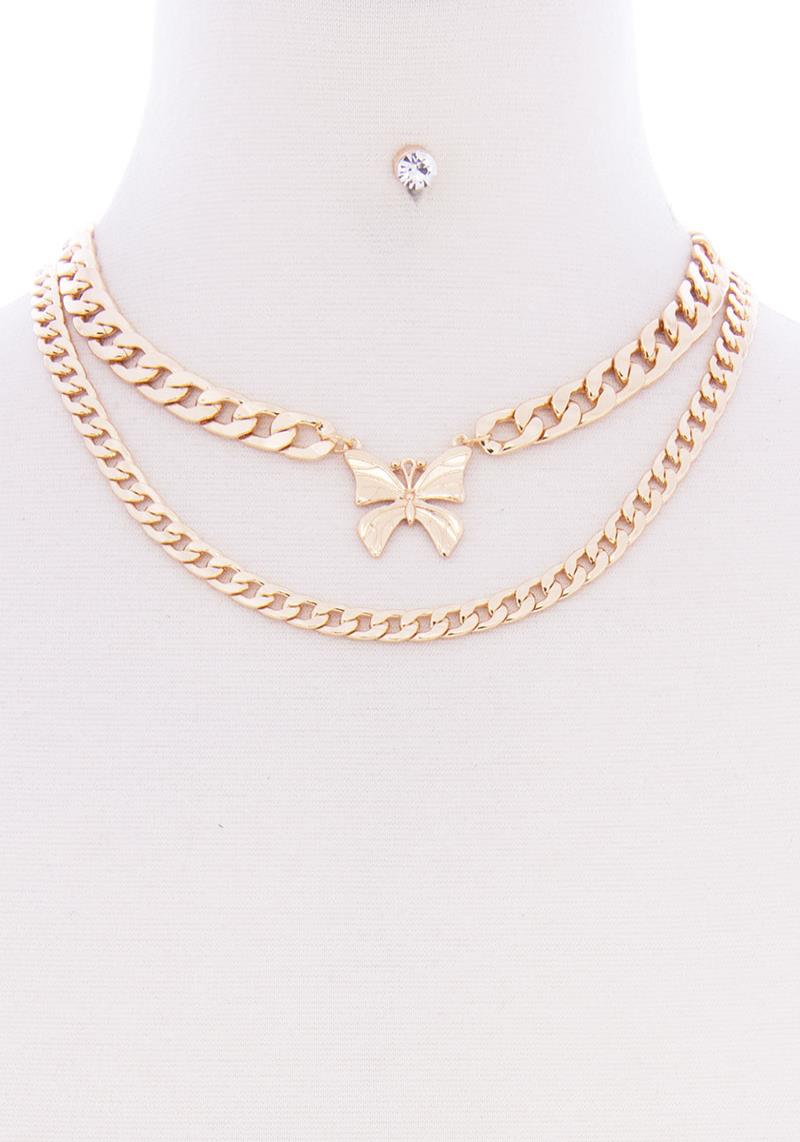 2 LAYERED LINK CHAIN BUTTERFLY PENDANT METAL MULTI NECKLACE EARRING SET