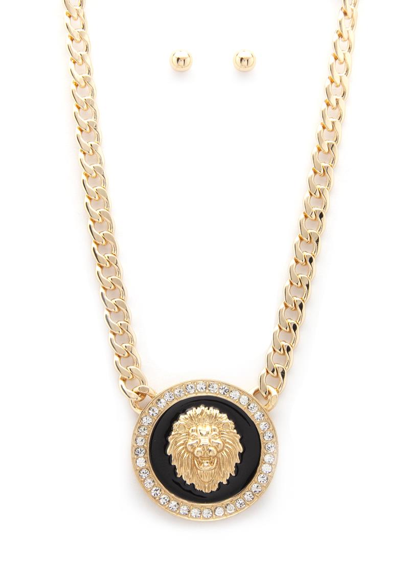 LION HEAD DISC RHINESTONE CURB LINK NECKLACE