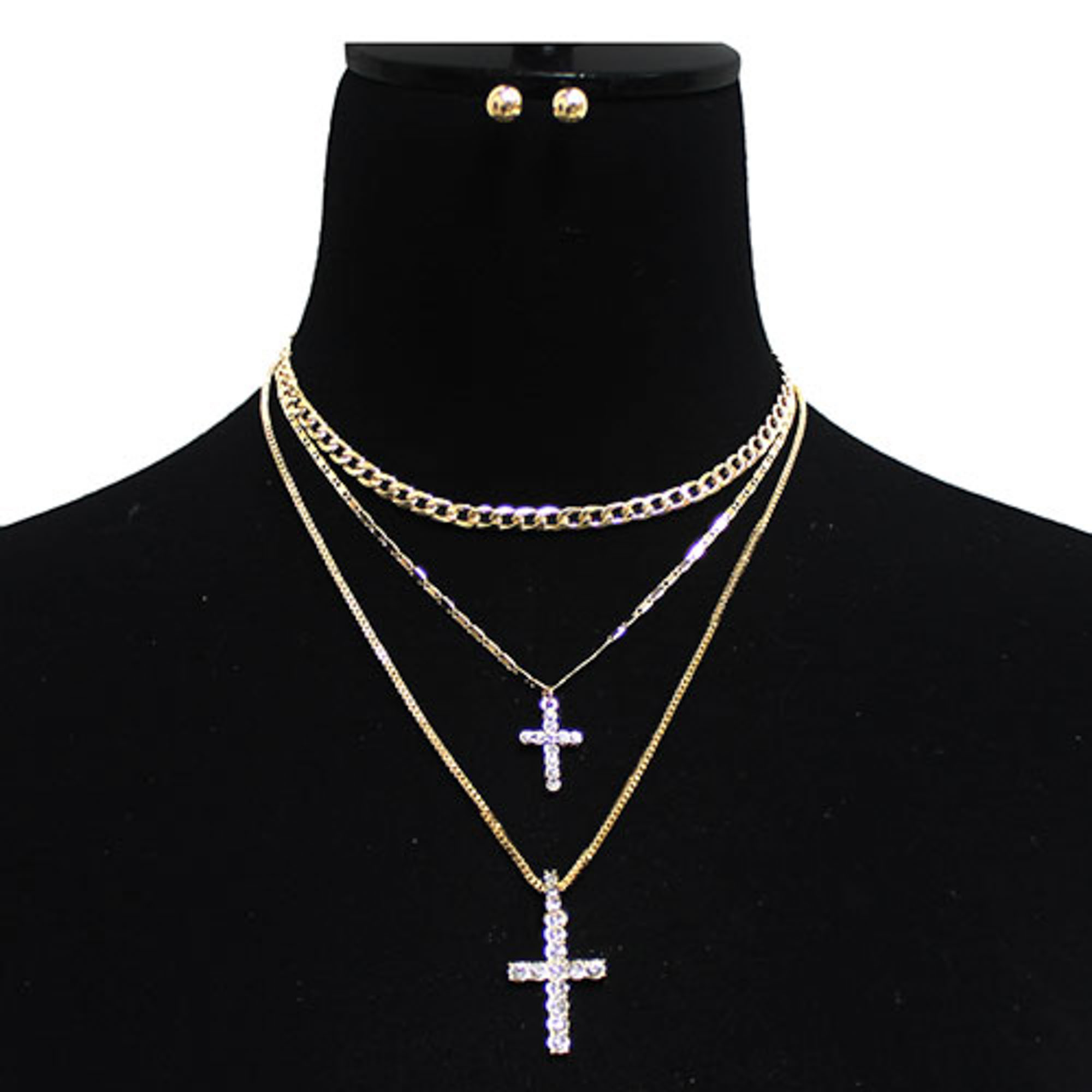 TRIPLE LAYER RHINESTONE DOUBLE CROSS NECKLACE WITH EARRING SET
