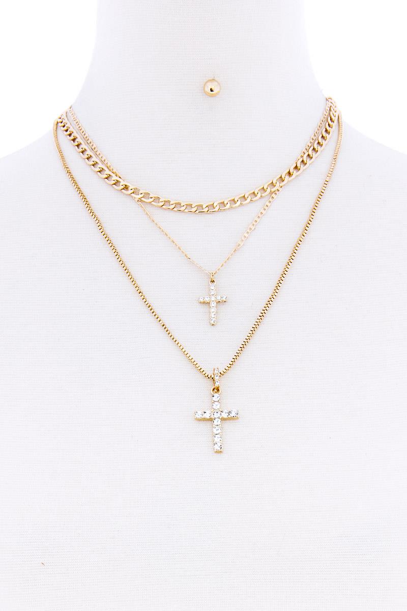 TRIPLE LAYER RHINESTONE DOUBLE CROSS NECKLACE WITH EARRING SET