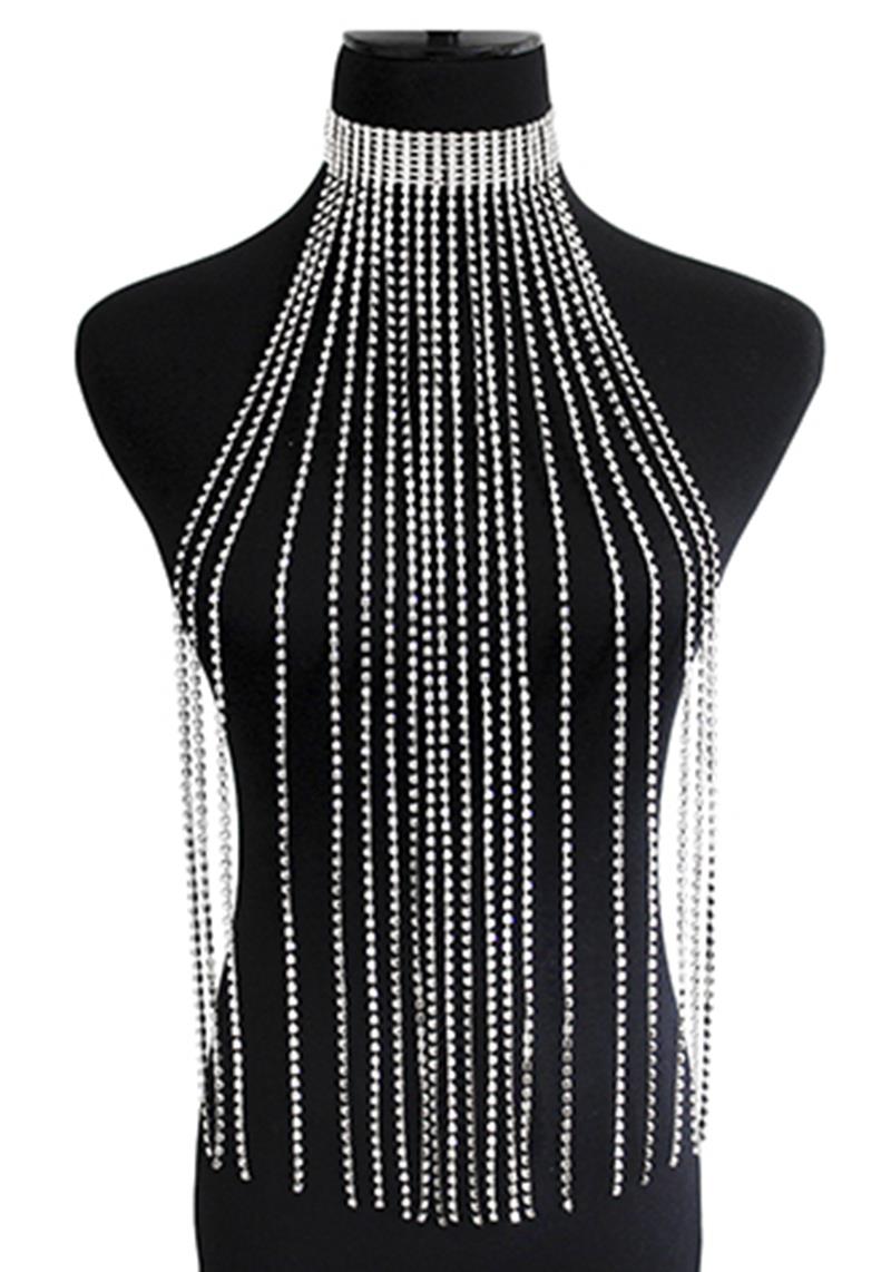 RHINESTONE LONG TASSEL CHOKER NECKLACE