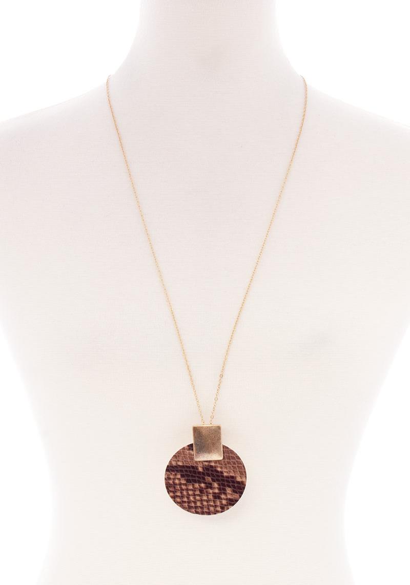 ANIMAL PRINT LEATHER ROUND PENDANT LONG NECKLACE