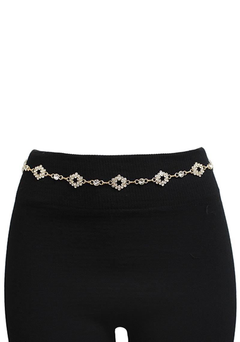 RHINESTONE FLOWER METAL CHAIN BELT