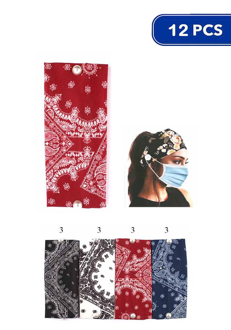 FASHION BANDANA PATTERN 4 STYLE PEARL MASK HOLDER HEADBAND 12 PC