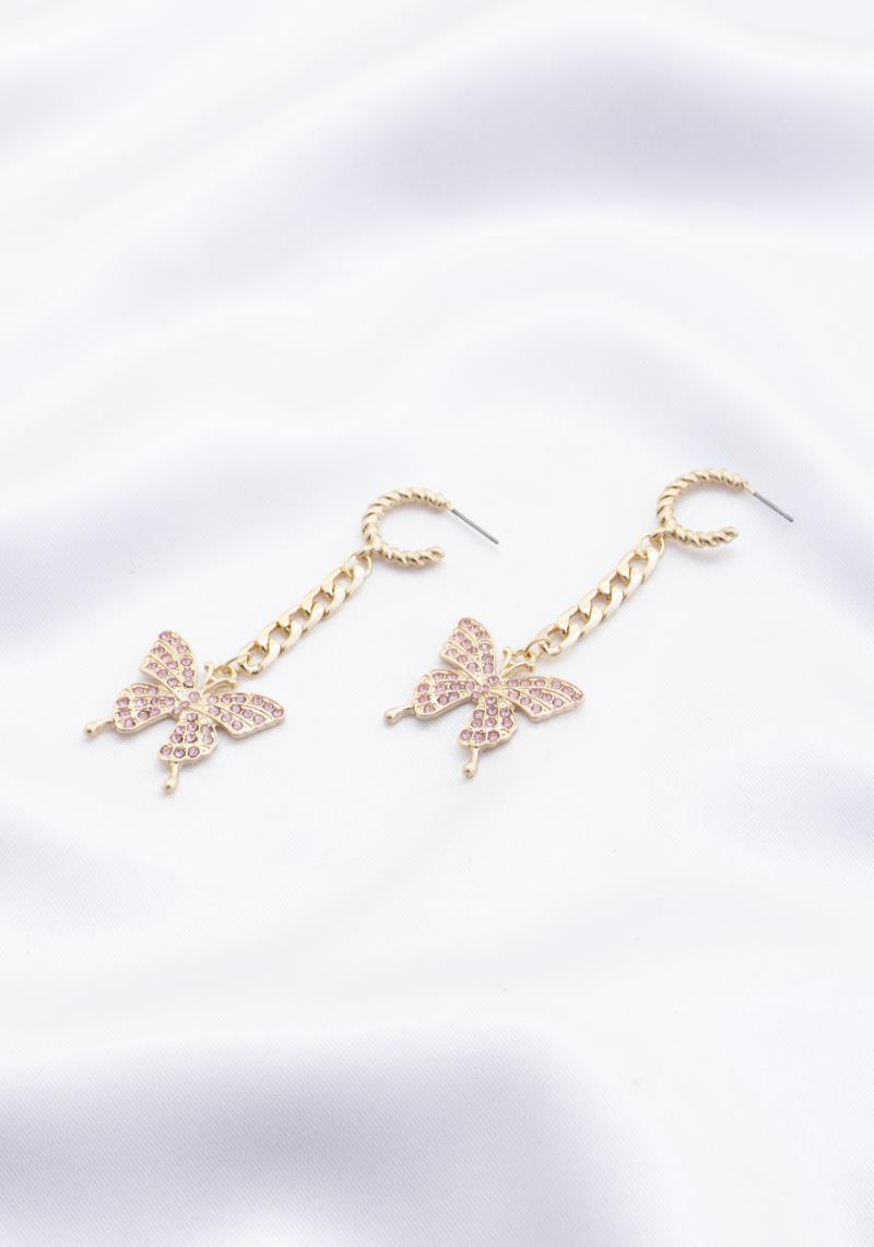 STONE BUTTERFLY DROP METAL CHAIN MINI OPEN HOOP EARRING