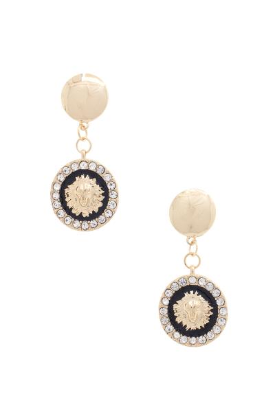 LION BEAD RHINESTONE CIRCLE POST DROP EARRING