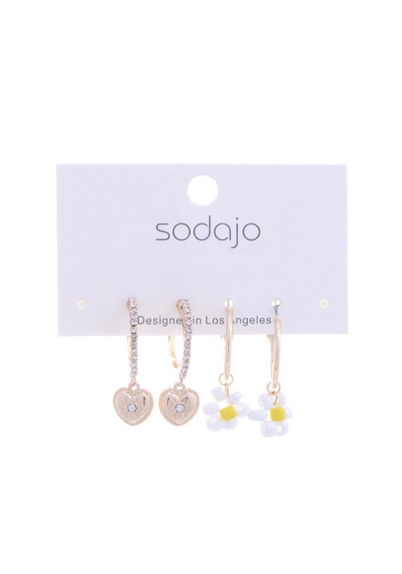 SODAJO HEART FLOWER MINI HOOP EARRING 2 PAIR SET