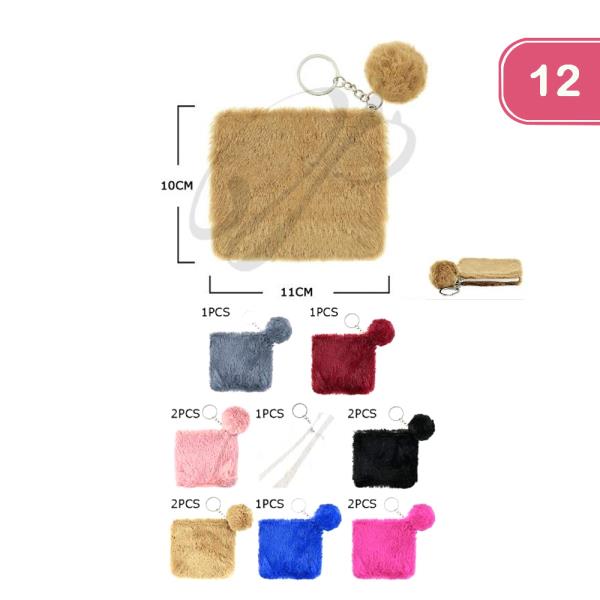 FASHION FAUX FUR COIN PURSE WITH POMPOM 12 PC