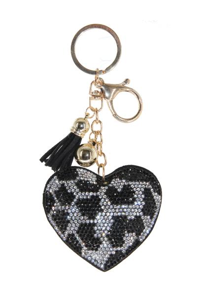 RHINESTONE LEOPARD HEART TASSEL KEY CHAIN