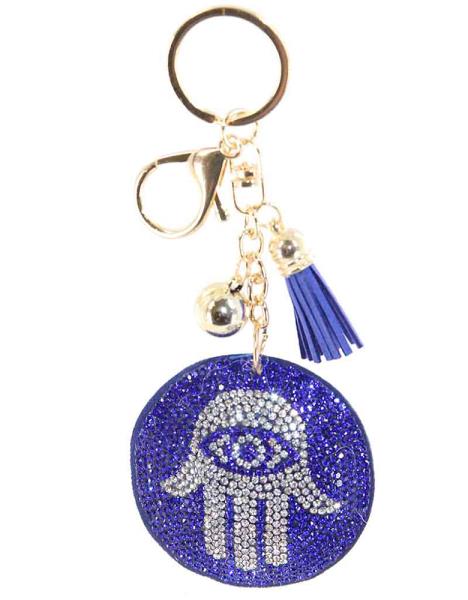 RHINESTONE HAMSA ROUND KEYCHAIN WITH TASSEL