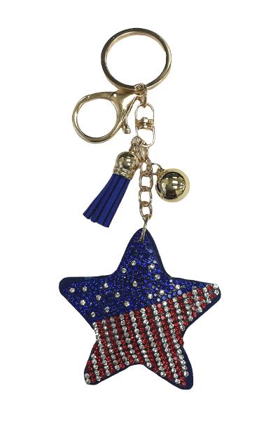 RHINESTONE AMERICAN FLAG STAR KEYCHAIN WITH TASSEL