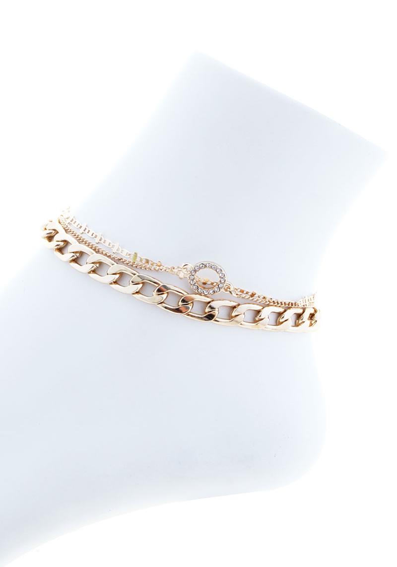 3 LAYERED METAL LINK CHAIN ROUND STONE POINT ANKLET