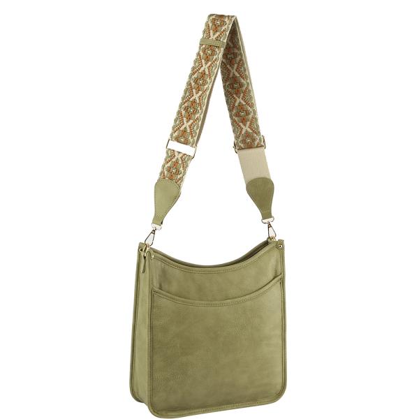 PLAIN SMOOTH SHOULDER CURVED CROSSBODY BAG WITH PATTERN STRAP