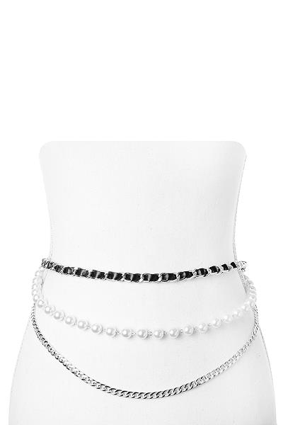 FAUX LEATHER CHAIN PEARL BEAD LAYERED BELT