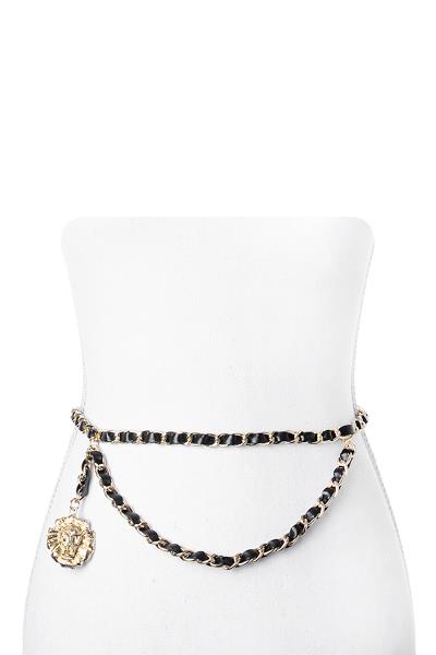 FAUX LEATHER METAL CHAIN LION HEAD BELT