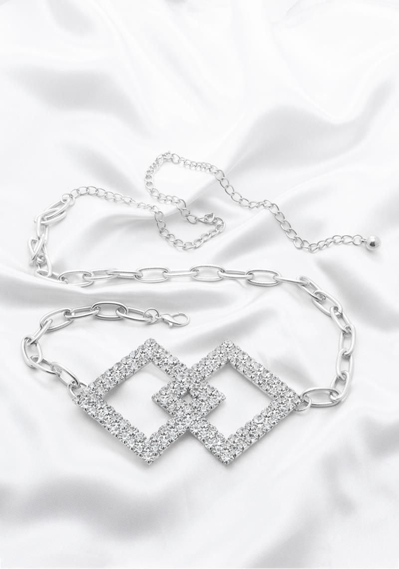 RHINESTONE SQUARE JOINED METAL LINK CHAIN HOOK BELT