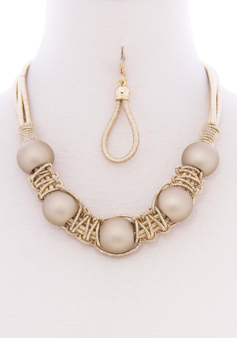 METALLIC TWIST THREAD AND BALLS NECKLACE TEARDROP EARRING SET