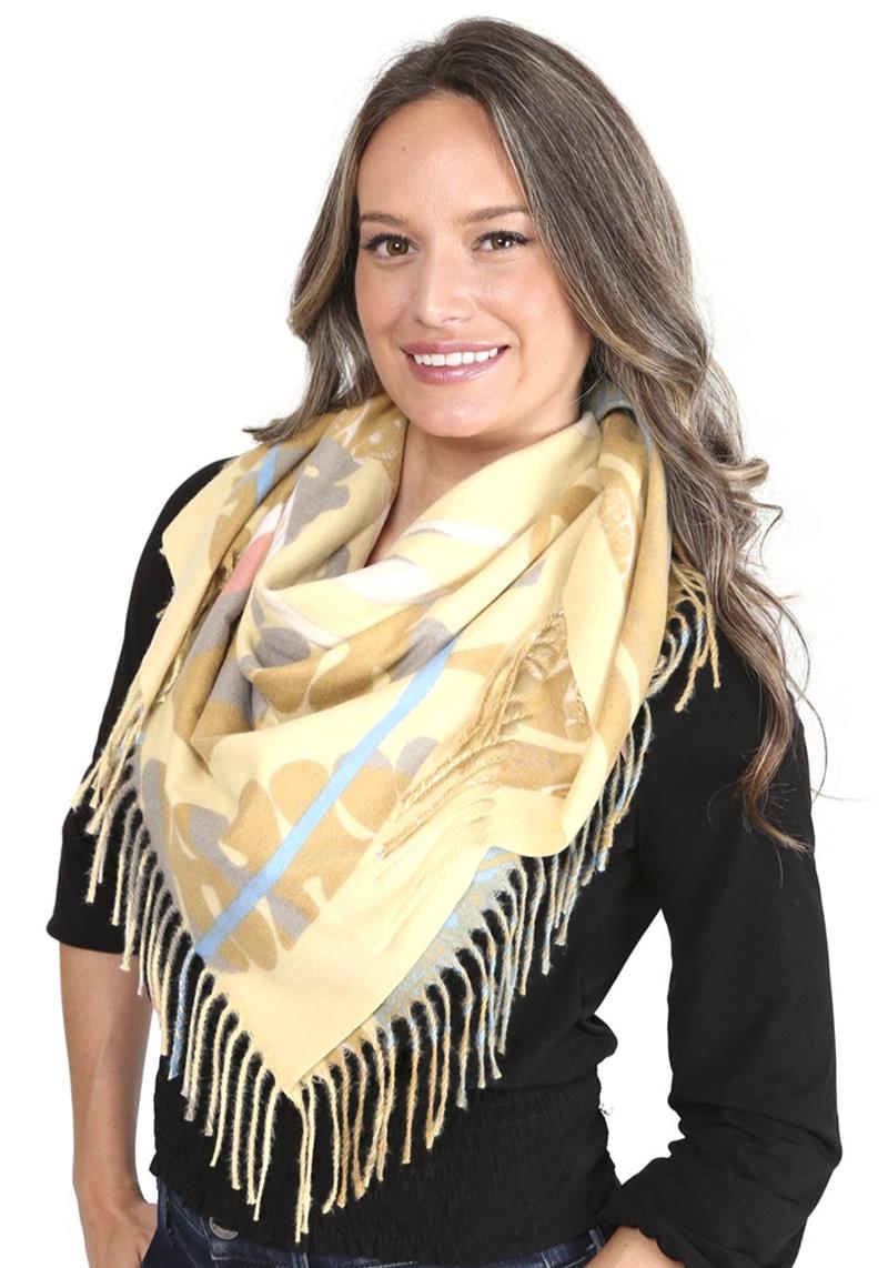 LEAVES AND FLORAL PRINT BLANKET SCARF WITH STRIPES