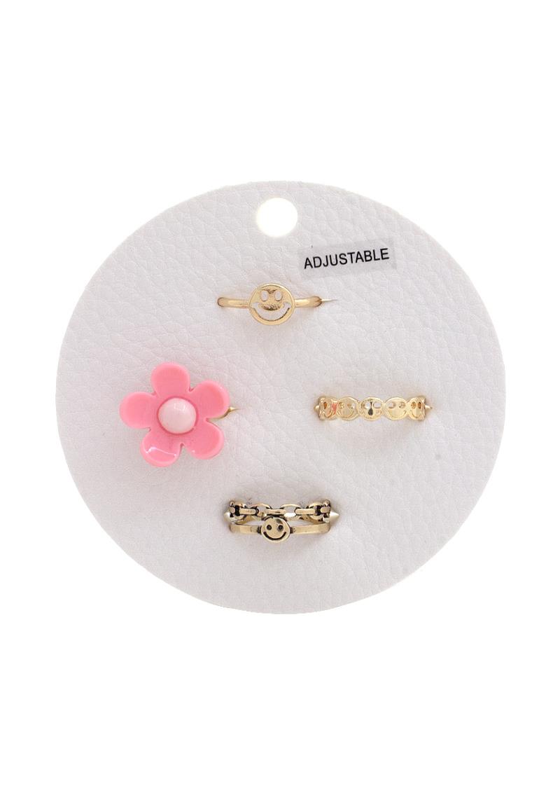 FLOWER HAPPY FACE ASSORTED RING SET