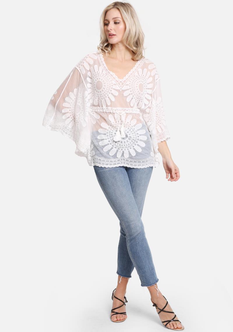 FLORAL PATTERN LACE COVER UP W/TIE-KNOT