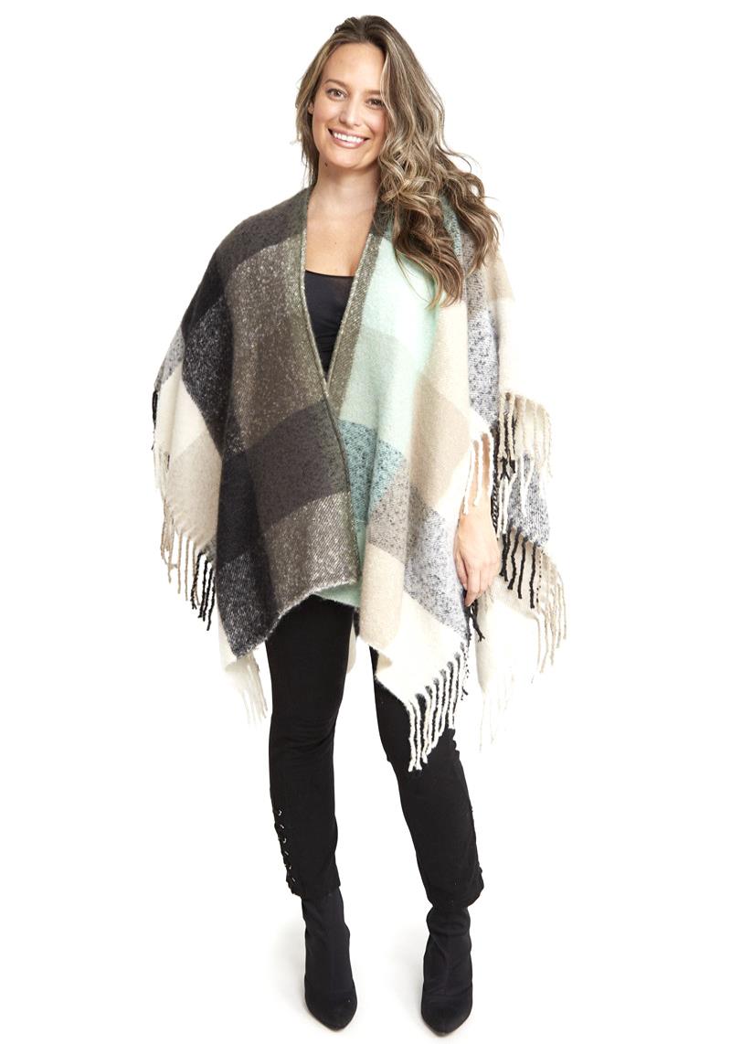 COLORFUL CHECK PATTERN RUANA WITH FRINGES