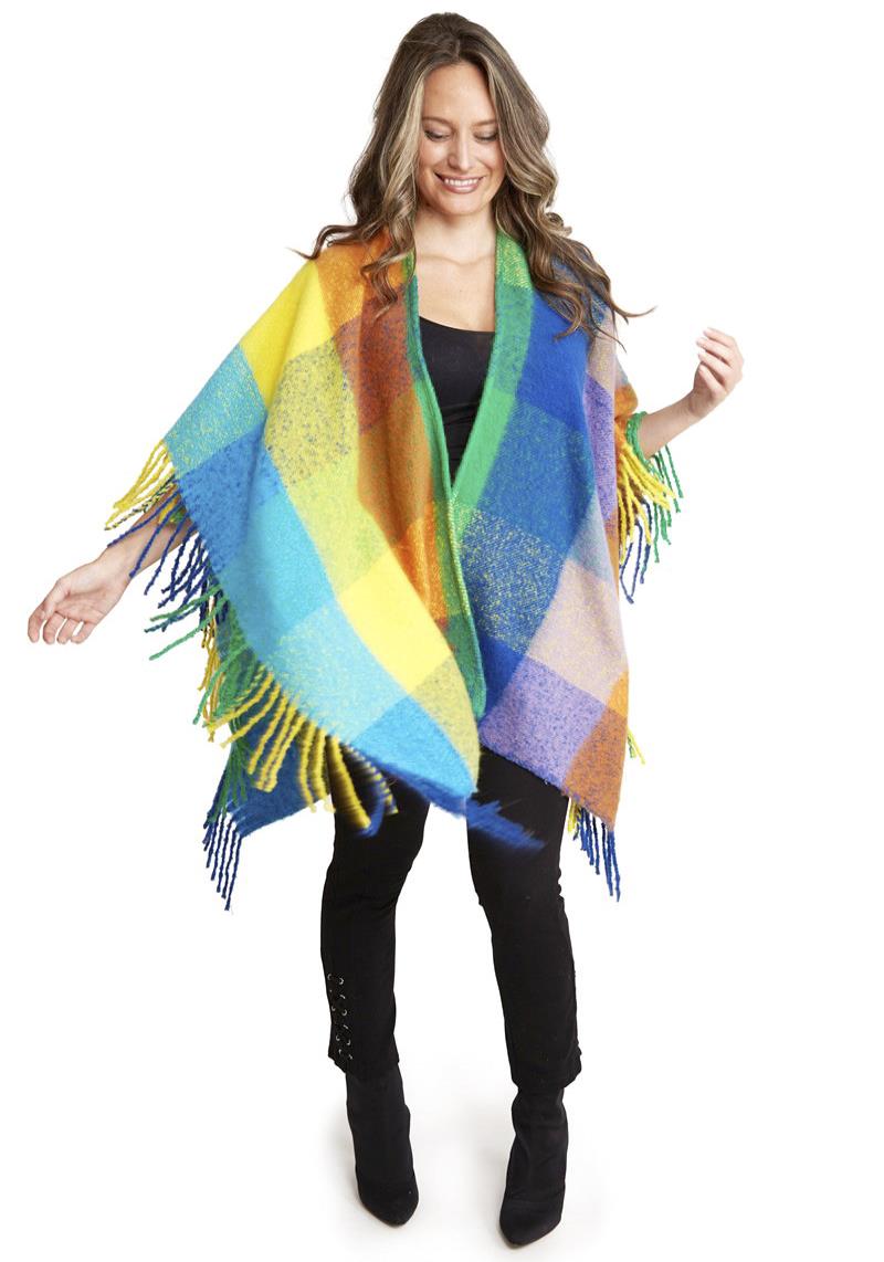 COLORFUL CHECK PATTERN RUANA WITH FRINGES