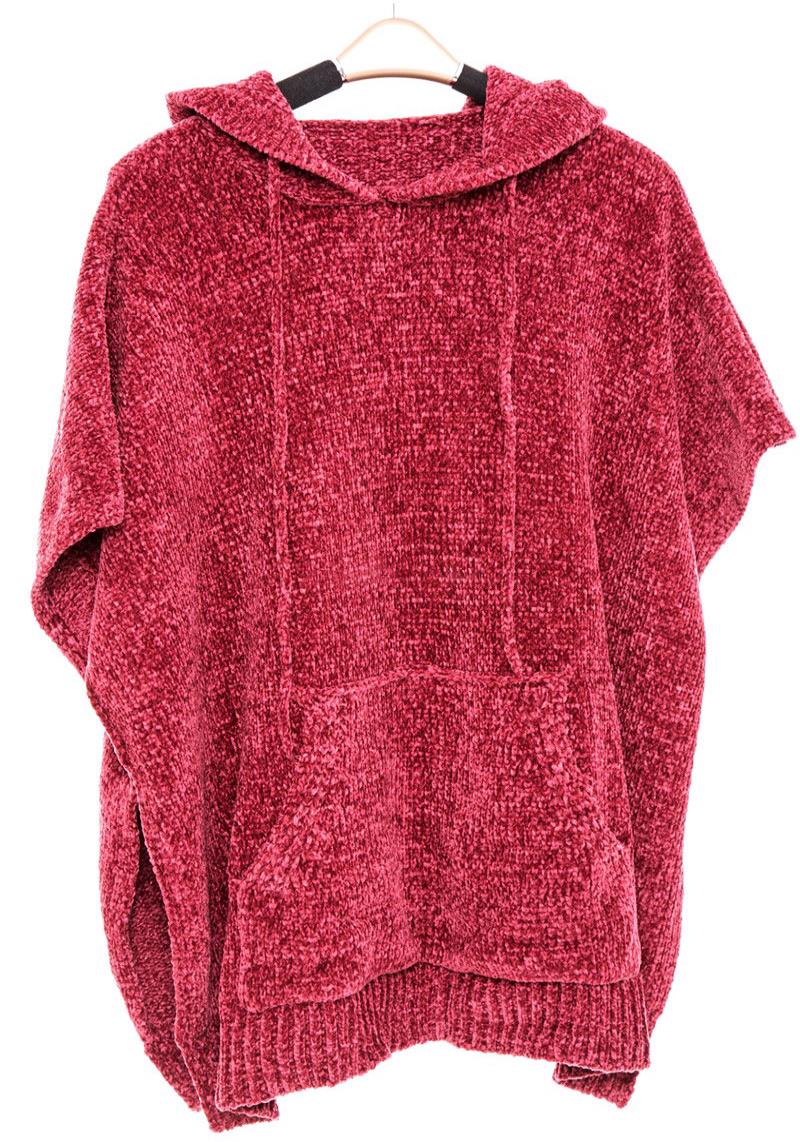 CHENILLE SOLID COLOR SWEATER WITH HOODED AND POCKETS