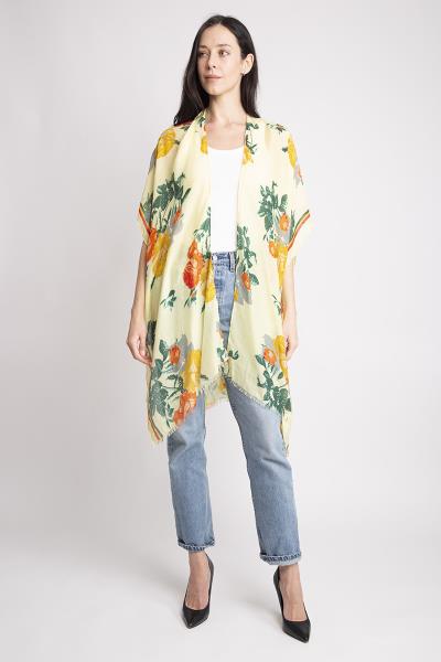 LONG LIGHTWEIGHT FLORAL PRINT TOPPER COVER UP KIMONO CARDIGAN WITH SHORT TRIMS
