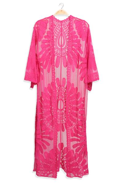 SHEER MESH FLORAL EMBROIDERED LONG COVER UP