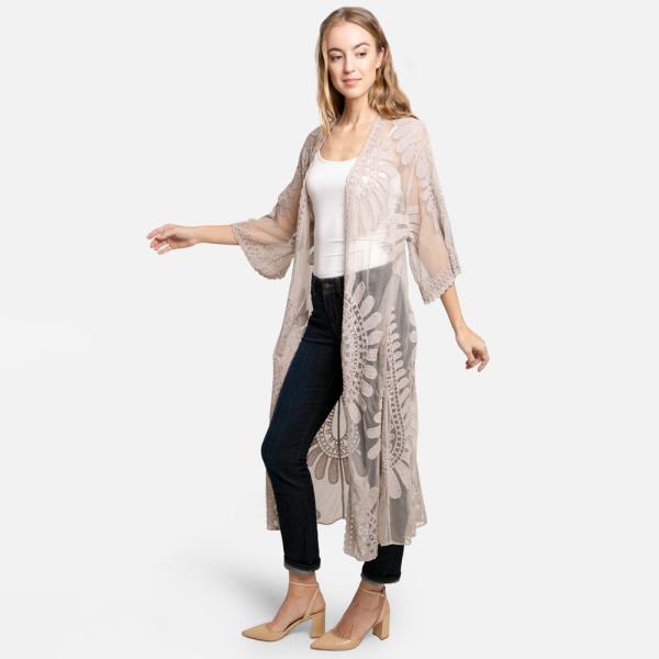 SHEER MESH FLORAL EMBROIDERED LONG COVER UP