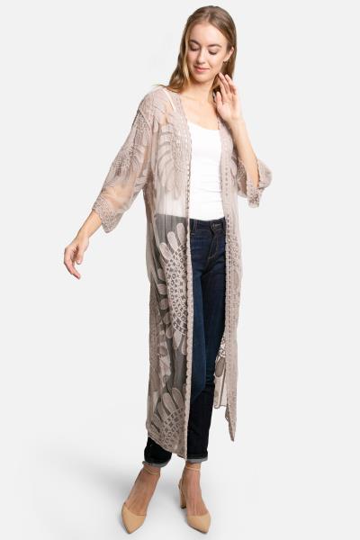 SHEER MESH FLORAL EMBROIDERED LONG COVER UP