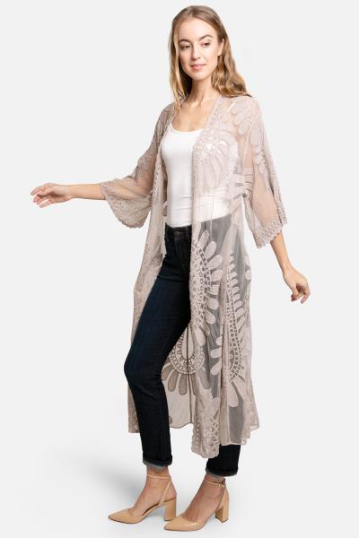 SHEER MESH FLORAL EMBROIDERED LONG COVER UP