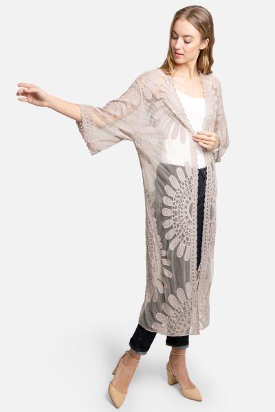 SHEER MESH FLORAL EMBROIDERED LONG COVER UP