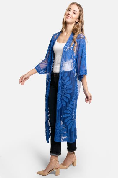 SHEER MESH FLORAL EMBROIDERED LONG COVER UP