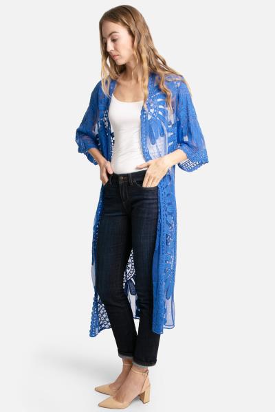 SHEER MESH FLORAL EMBROIDERED LONG COVER UP