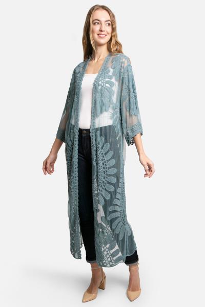 SHEER MESH FLORAL EMBROIDERED LONG COVER UP