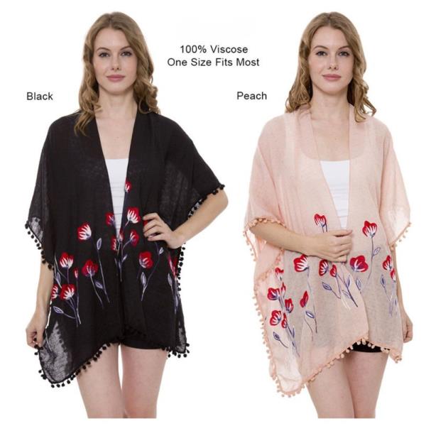 LIGHTWEIGHT EMBROIDERY FLORAL POM POM TRIM OPEN FRONT SHEER KIMONO COVER-UP