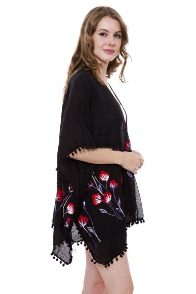 LIGHTWEIGHT EMBROIDERY FLORAL POM POM TRIM OPEN FRONT SHEER KIMONO COVER-UP