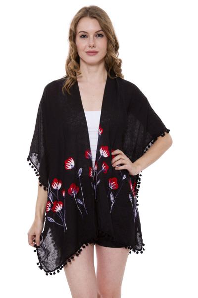 LIGHTWEIGHT EMBROIDERY FLORAL POM POM TRIM OPEN FRONT SHEER KIMONO COVER-UP