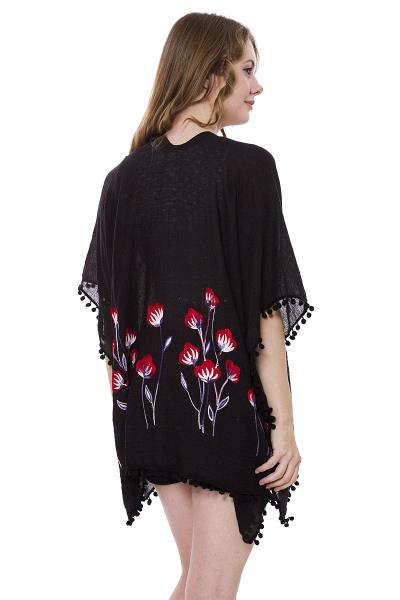 LIGHTWEIGHT EMBROIDERY FLORAL POM POM TRIM OPEN FRONT SHEER KIMONO COVER-UP