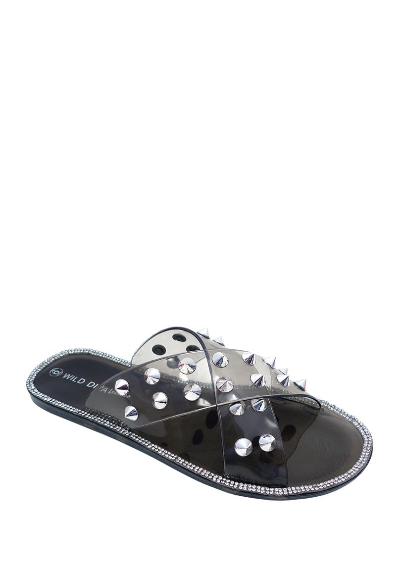 CROSSED SPIKE STUD CLEAR STRAP SLIPPER