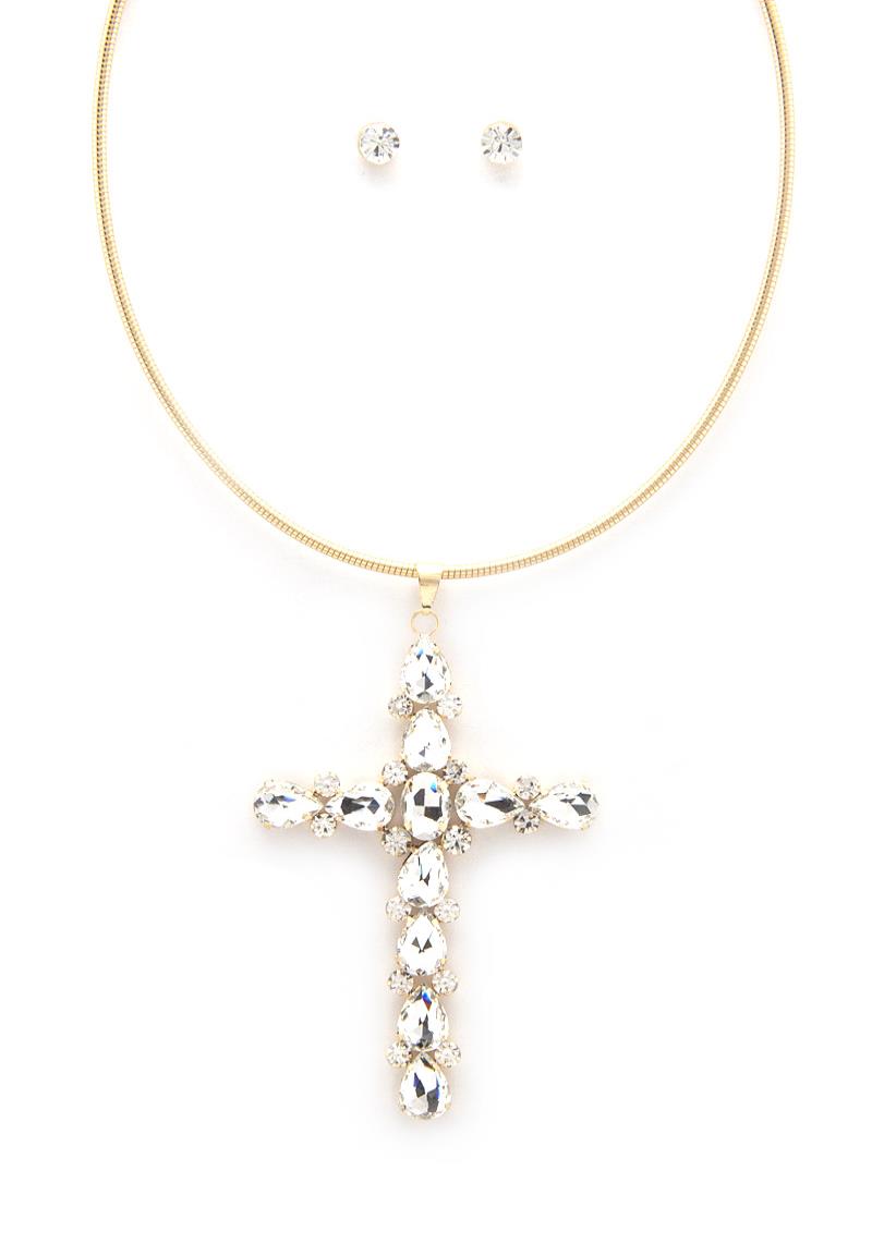 CRYSTAL CROSS METAL NECKLACE