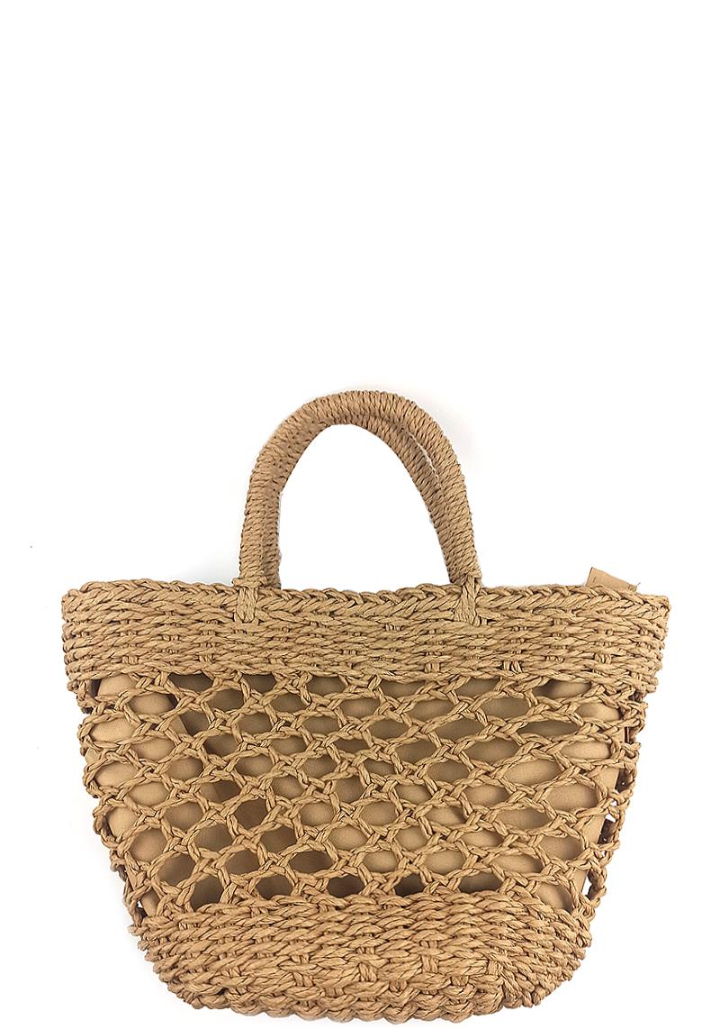 FASHION STRAW VENTED DESIGN HANDLE TOTE BAG