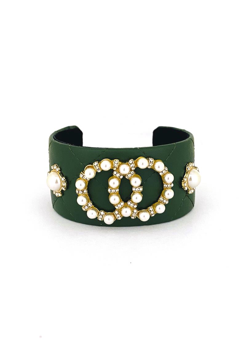 FASHION PEARL DOUBLE ROUND STUDDED FAUX LEATHER CUFF BRACELET