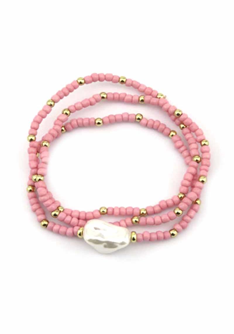 SEED BEAD PEARL CHARM STRETCH MULTI BRACELET